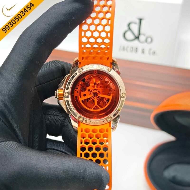 Jacob & Co Epic X Ram Janmabhoomi Titanium Edition 02 Rose Gold Skeleton Dial Orange Rubber Strap Swiss Automatic Watch - Image 4