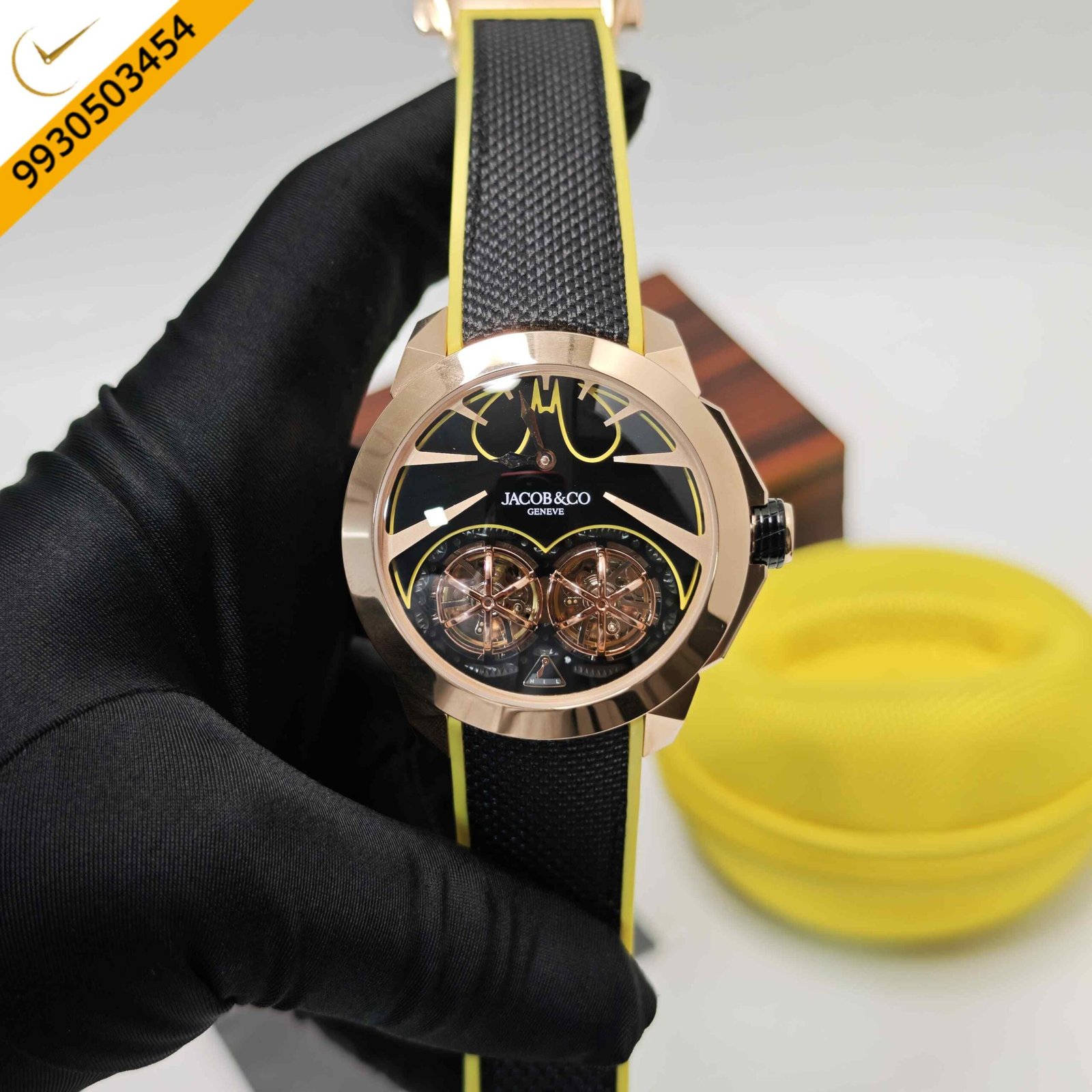 Jacob & Co Gotham City Batman Limited-Edition Swiss automatic watch featuring a rose gold case, black dial, black and yellow nylon strap, and exclusive Batman-inspired luxury design.