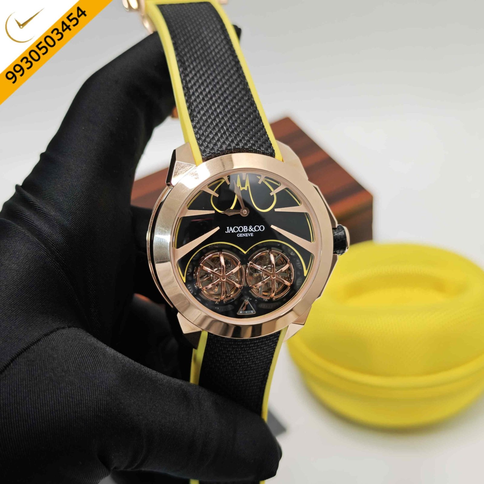 Jacob & Co Gotham City Batman Limited-Edition Rose Gold Black Dial Black & Yellow Naylon Strap Swiss Automatic Watch - Image 3