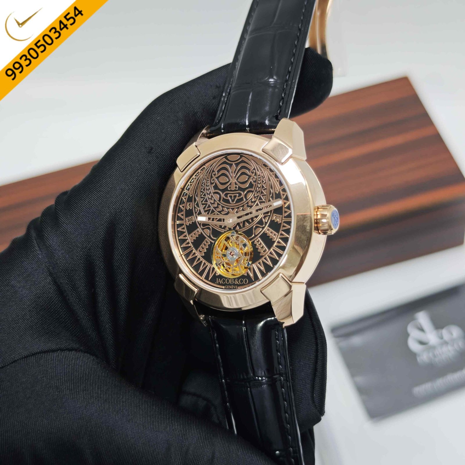 Jacob & Co – Pioneer Aztec Calendar Rose Gold Black Skeleton Dial Black Leather Strap Swiss Automatic Watch - Image 2