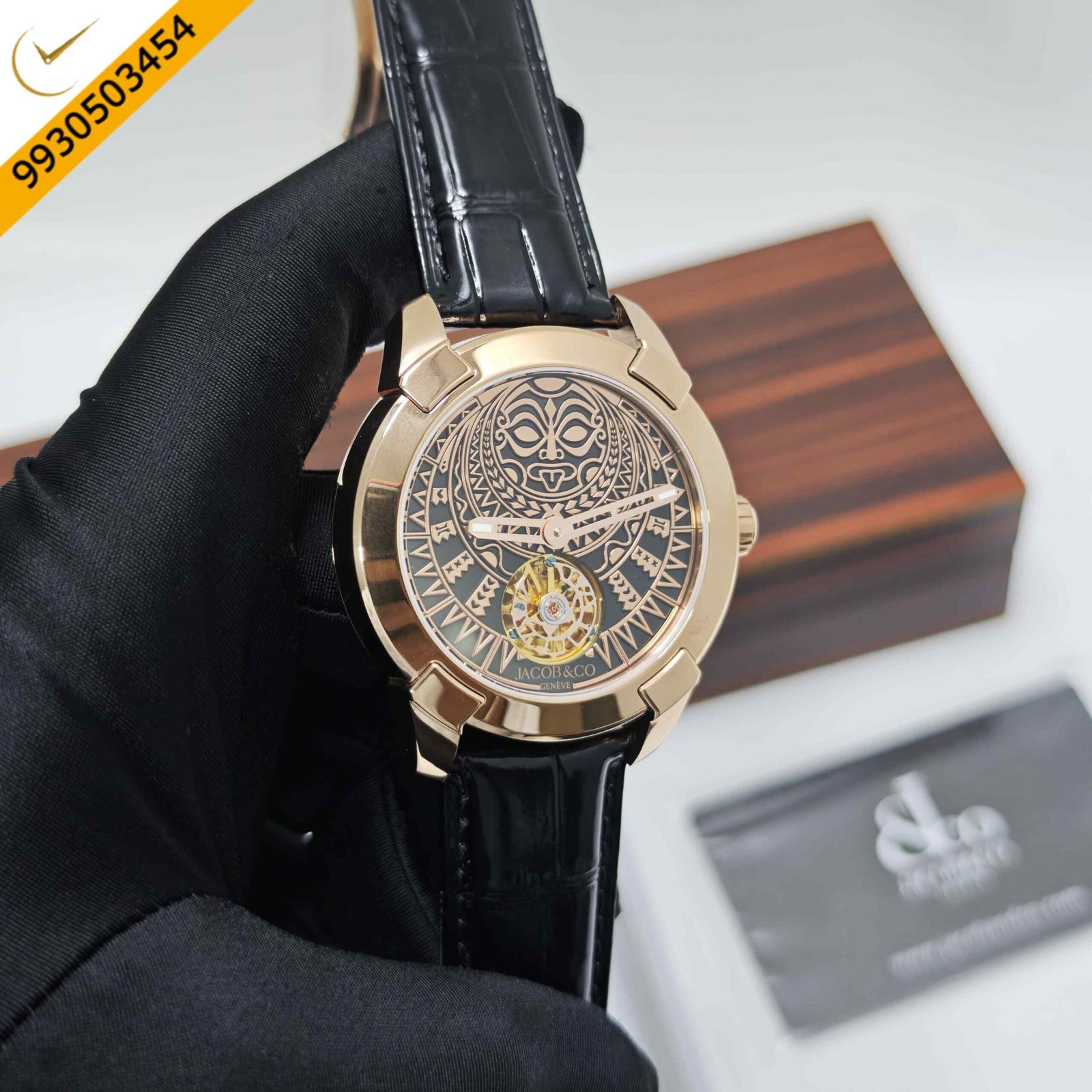 Jacob & Co – Pioneer Aztec Calendar Rose Gold Black Skeleton Dial Black Leather Strap Swiss Automatic Watch - Image 3