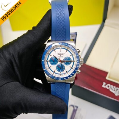 Longines Conquest Automatic Chronograph Steel White Dial Blue Ruber Strap Swiss ETA Automatic Watch