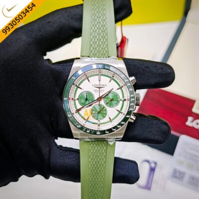 Longines Conquest Automatic Chronograph Steel White Dial Green Ruber Strap Swiss ETA Automatic Watch