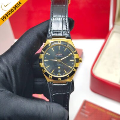 Omega Constellation Co-Axial Master Chronometer Gold Black Dial Black Leather Swiss Automatic Watch