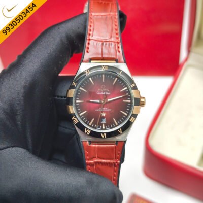 Omega Constellation Co-Axial Master Chronometer Steel Red Dial Red Leather Swiss Automatic Watch