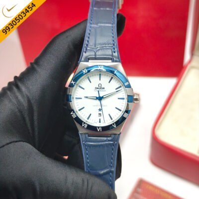 Omega Constellation Co-Axial Master Chronometer Steel White Dial Blue Leather Swiss Automatic Watch