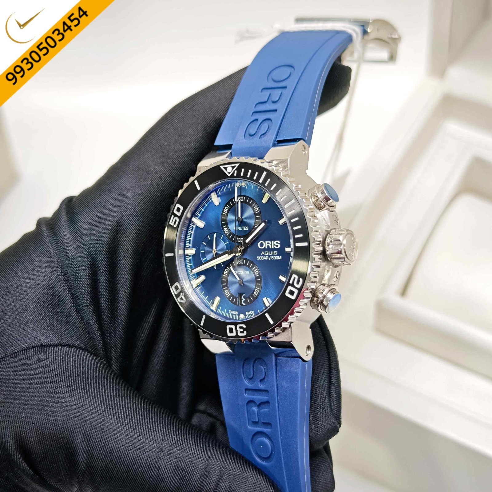 Oris Aquis Chronograph 50 BAR Steel Blue Dial Rubber Strap Swiss Watch - Image 2