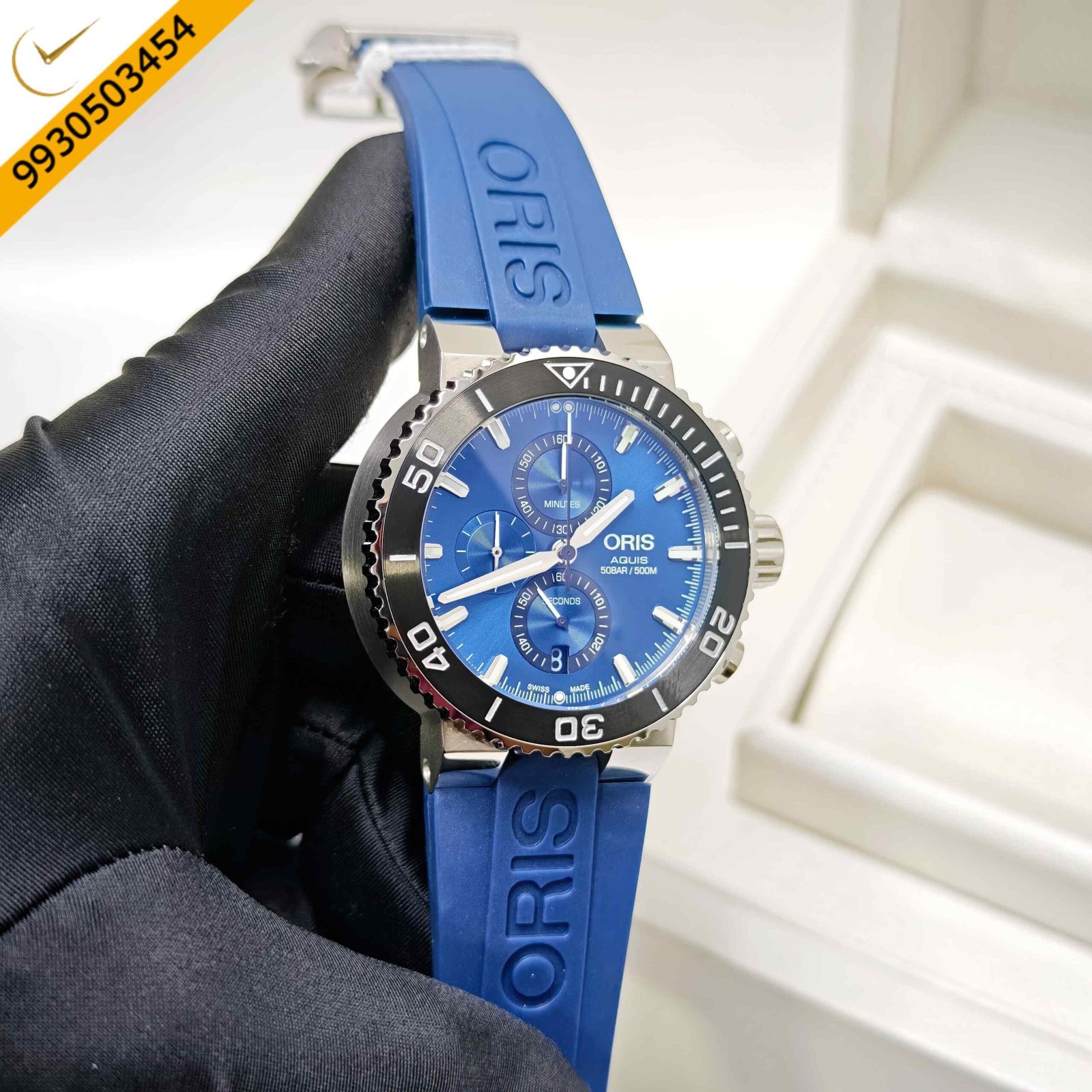 Oris Aquis Chronograph 50 BAR Steel Blue Dial Rubber Strap Swiss Watch - Image 3