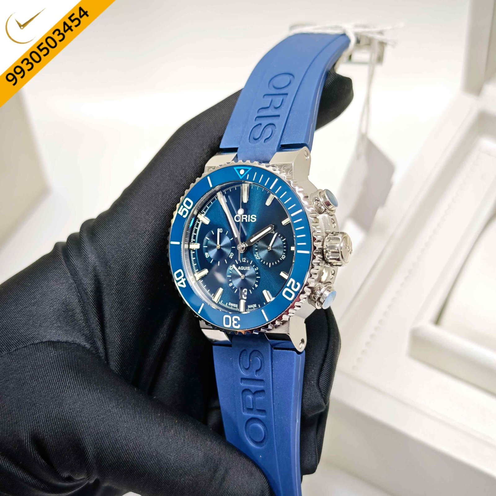 Oris Aquis Chronograph Steel Blue Whale Limited Edition Blue Dial Rubber Strap Swiss Watch - Image 2