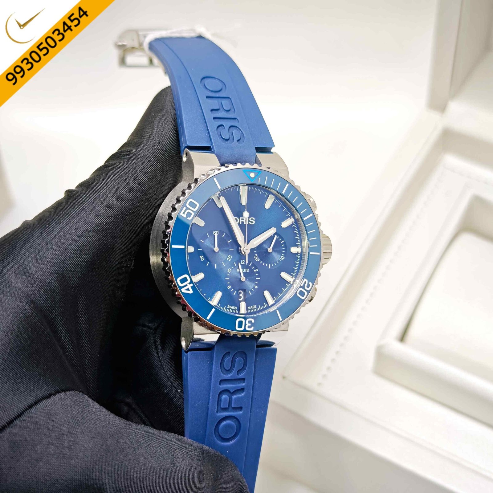 Oris Aquis Chronograph Steel Blue Whale Limited Edition Blue Dial Rubber Strap Swiss Watch - Image 3