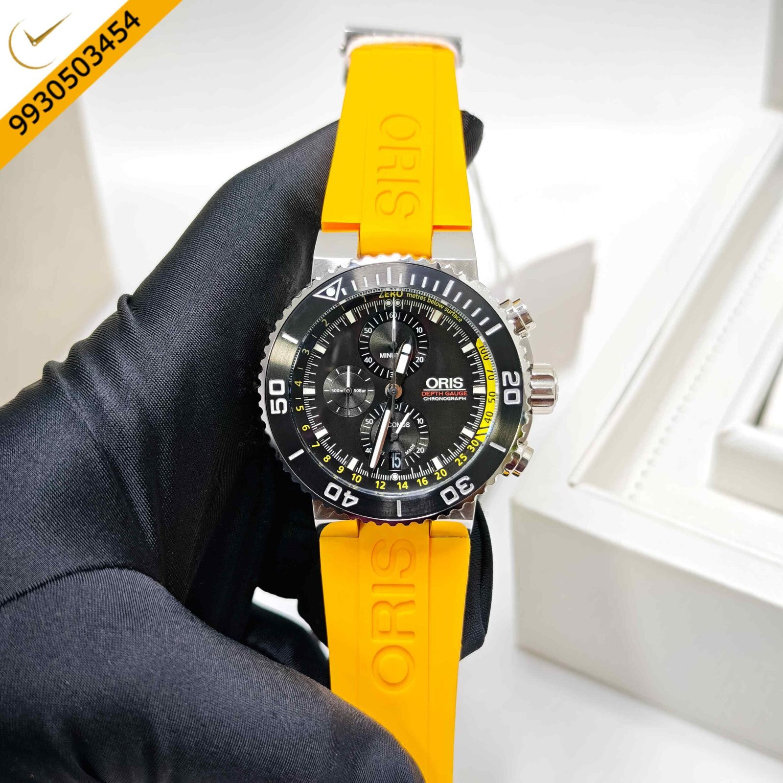 Oris Aquis Depth Gauge Chronograph stainless steel Swiss watch with a black dial, yellow rubber strap, professional diving depth gauge, and high-performance chronograph movement.