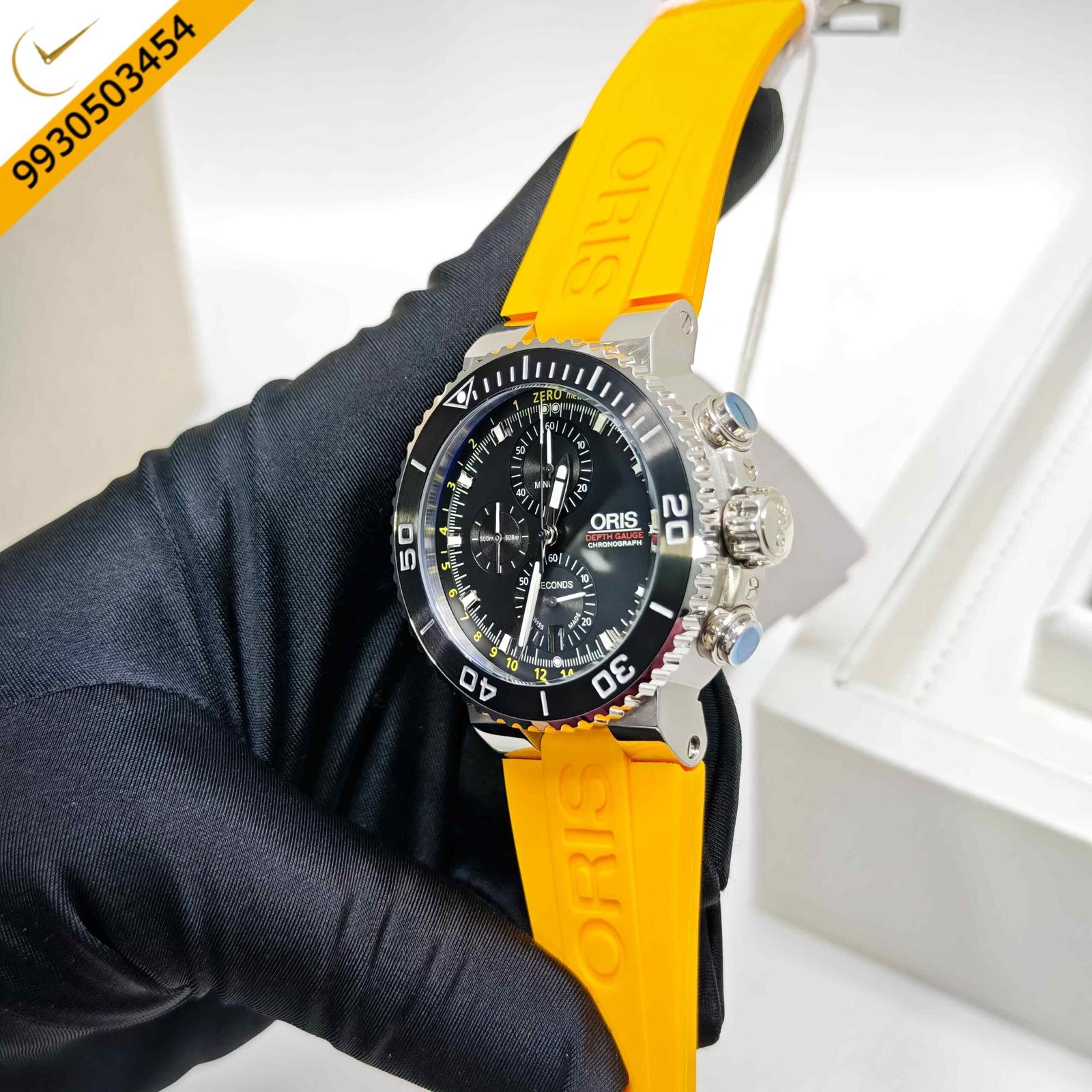 Oris Aquis Depth Gauge Chronograph Steel Black Dial Yellow Rubber strap Swiss Watch - Image 2