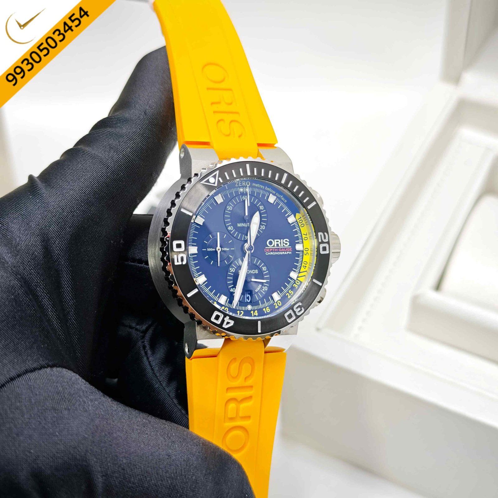 Oris Aquis Depth Gauge Chronograph Steel Black Dial Yellow Rubber strap Swiss Watch - Image 3