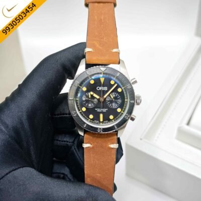 Oris Carl Brashear Chronograph Steel Limited Edition Black Dial Brown Leather Strap Swiss Automatic Watch