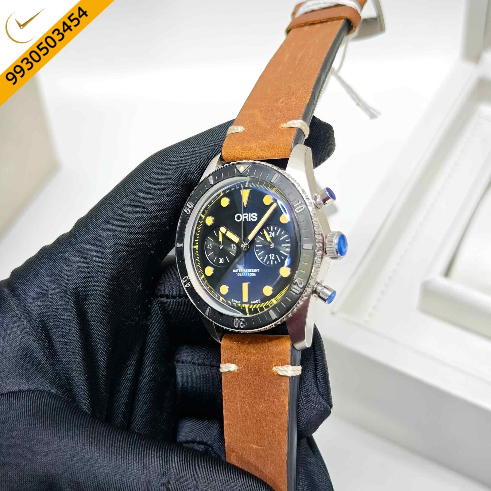 Oris Carl Brashear Chronograph Steel Limited Edition Black Dial Brown Leather Strap Swiss Automatic Watch - Image 2