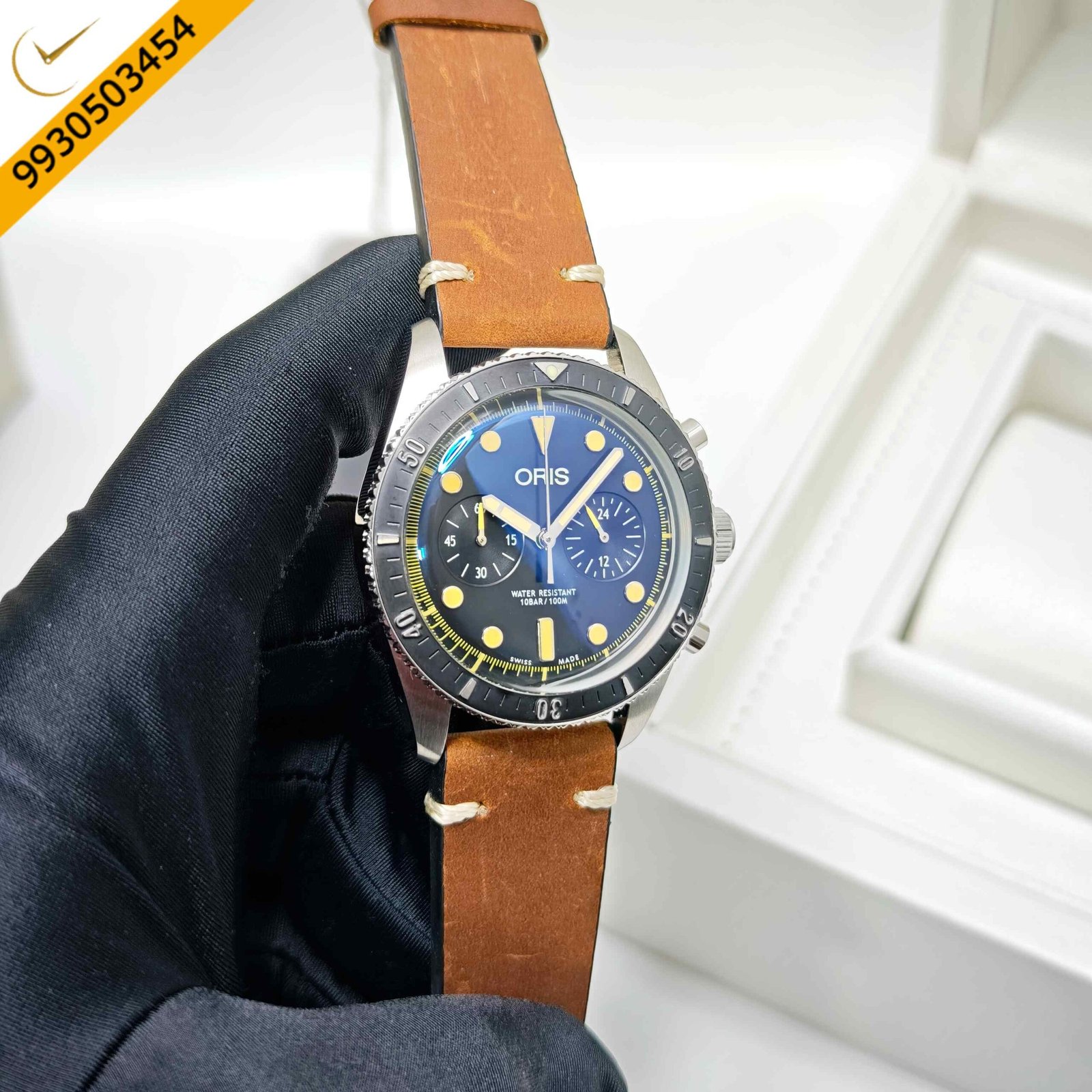 Oris Carl Brashear Chronograph Steel Limited Edition Black Dial Brown Leather Strap Swiss Automatic Watch - Image 3