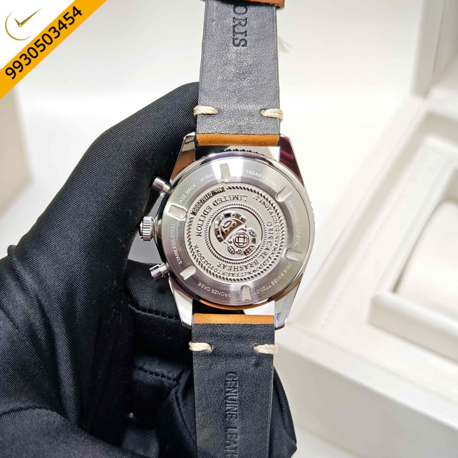 Oris Carl Brashear Chronograph Steel Limited Edition Black Dial Brown Leather Strap Swiss Automatic Watch - Image 4