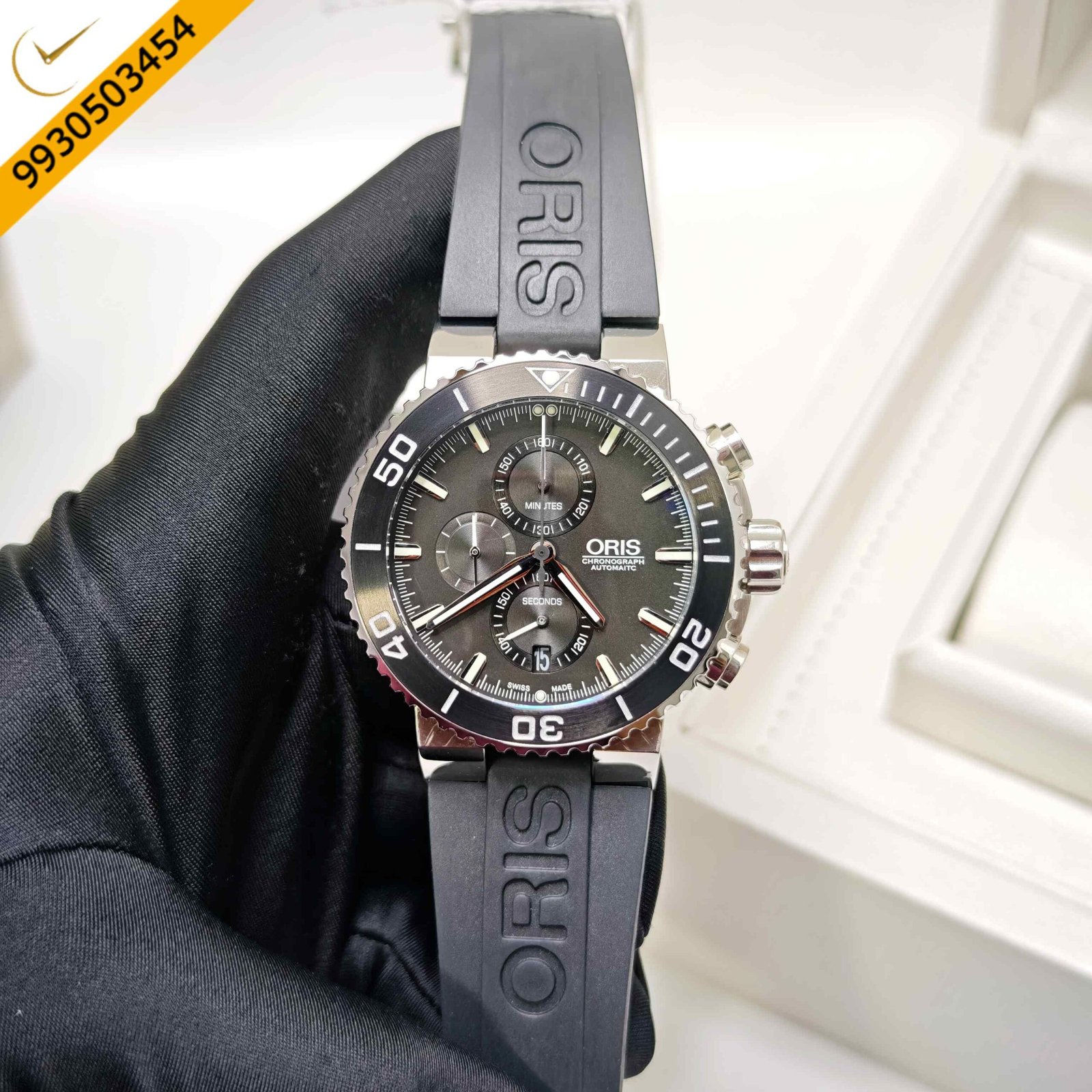 Oris Chronograph stainless steel Swiss automatic watch featuring a full black dial, precision chronograph function, durable black rubber strap, and luxury sports design.