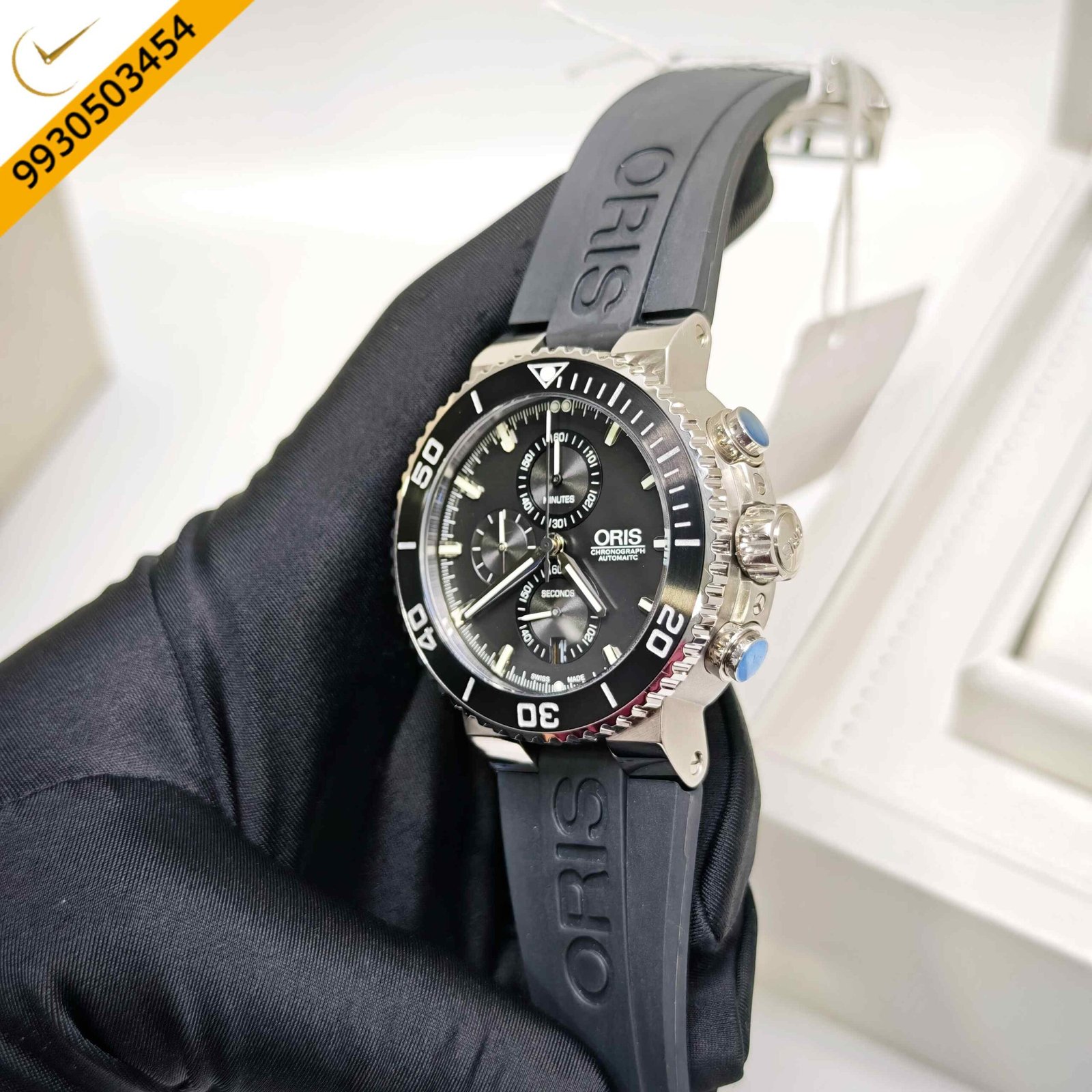 Oris Chronograph Steel Full Black Dial Rubber Strap Swiss Automatic Watch - Image 2