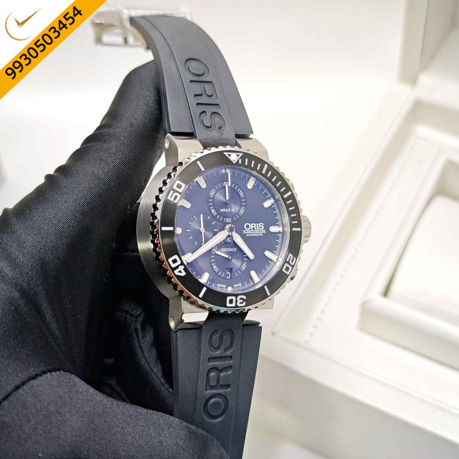 Oris Chronograph Steel Full Black Dial Rubber Strap Swiss Automatic Watch - Image 3