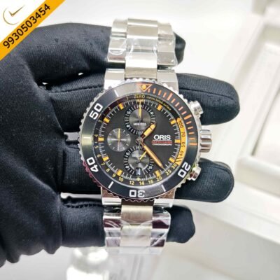 Oris Depth Gauge Chronograph Steel Black Dial Orange Marking Swiss Watch