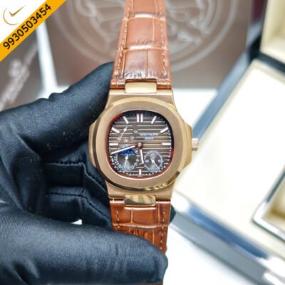 Patek Philippe Aquanaut Rose Gold Black Dial Brown Leather Strap Swiss Automatic Watch