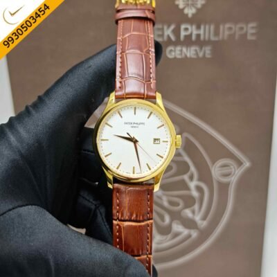 Patek Philippe Calatrava Gold White Dial Leather Strap Swiss Semi ETA Automatic Watch