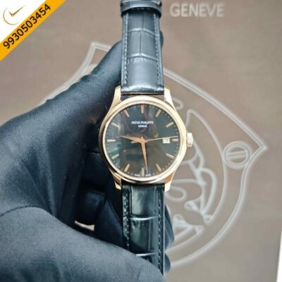 Patek Philippe Calatrava Rose Gold Black Dial Leather Strap Swiss Semi ETA Automatic Watch