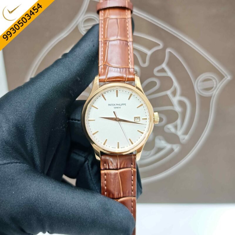 Patek Philippe Calatrava Rose Gold White Dial Brown Leather Strap Swiss Semi ETA Automatic Watch