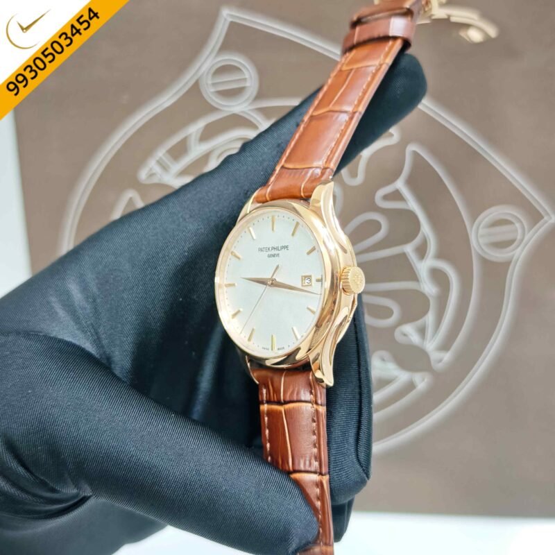 Patek Philippe Calatrava Rose Gold White Dial Brown Leather Strap Swiss Semi ETA Automatic Watch - Image 2