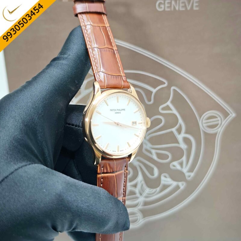Patek Philippe Calatrava Rose Gold White Dial Brown Leather Strap Swiss Semi ETA Automatic Watch - Image 3
