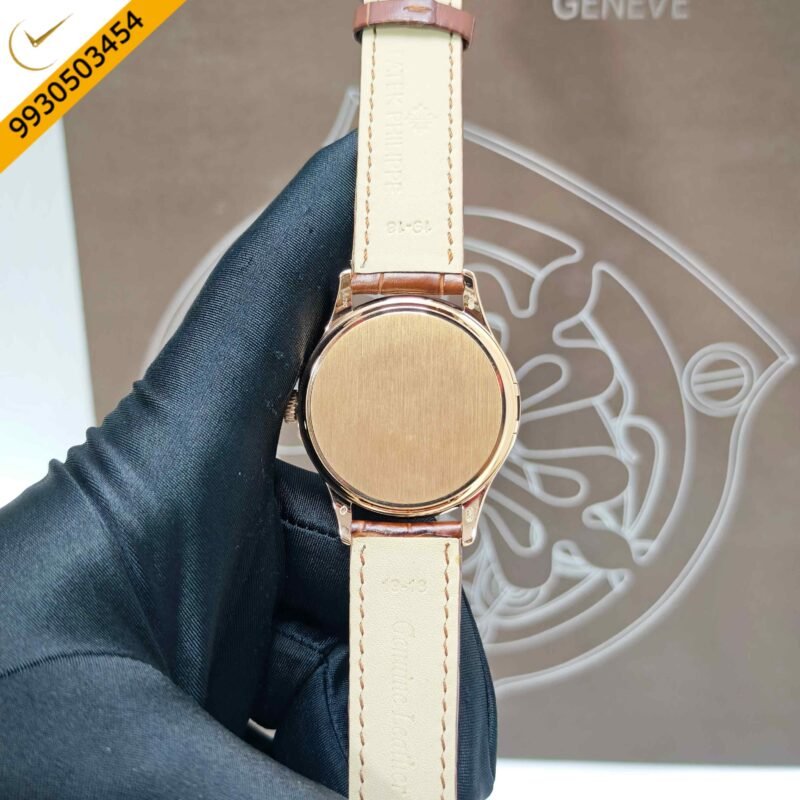 Patek Philippe Calatrava Rose Gold White Dial Brown Leather Strap Swiss Semi ETA Automatic Watch - Image 4