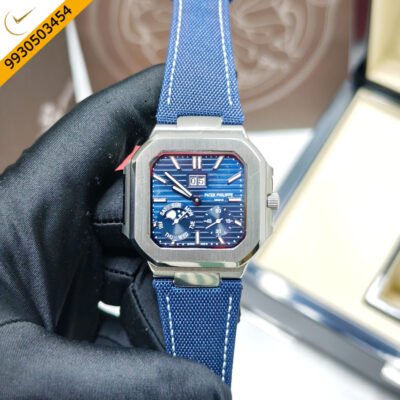 Patek Philippe Cubitus Platinum Blue Dial Steel Blue Leather Strap Swiss Automatic Watch