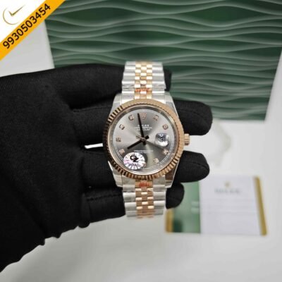 Rolex Date-Just Diamond Marker Rose Gold Dual Tone Grey Dial Semi ETA Swiss Automatic Watch