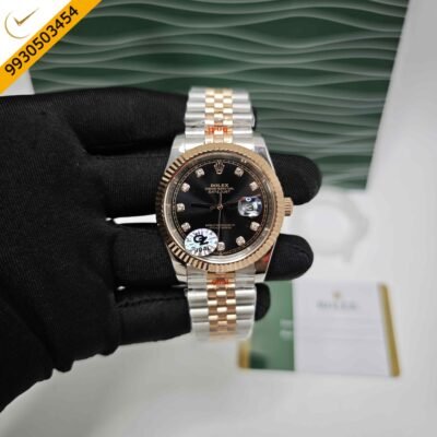 Rolex Date-Just Diamond Marking Rose Gold Dual Tone Black Dial Semi ETA Swiss Automatic Watch