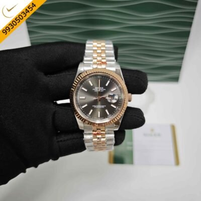 Rolex Date-Just Stick Marker Rose Gold Dual Tone Black Dial Semi ETA Swiss Automatic Watch