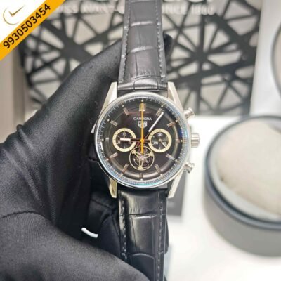 Tag Heuer Carrera Chronograph Tourbillion Steel Black Dial Leather Strap Swiss Quartz Watch