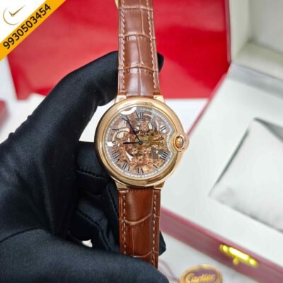 Cartier Ballon Bleu Rose Gold Skeleton Dial Roman marker Brown Leather Strap Swiss Automatic Watch