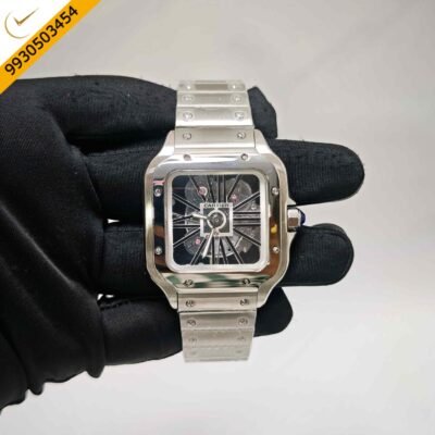 Cartier Skeleton Horloge Santos Silver Black Swiss Watch
