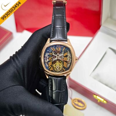 Cartier Tourbillon Drive De Rose Gold Skeleton Roman Dial Black Leather Strap  Swiss Automatic Watch