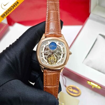 Cartier Tourbillon SunMoon Phase Drive De Rose Gold Skeleton Dial Brown Leather Swiss Automatic Watch