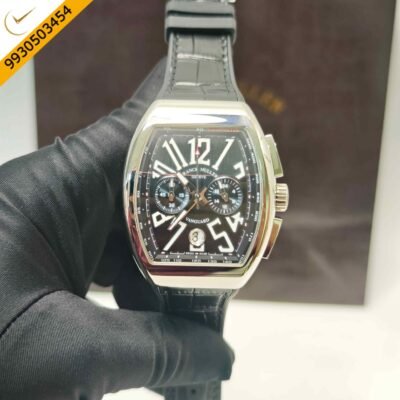 Franck Muller VANGAURD Chronograph Steel Black Dial Black Leather Strap Swiss Watch