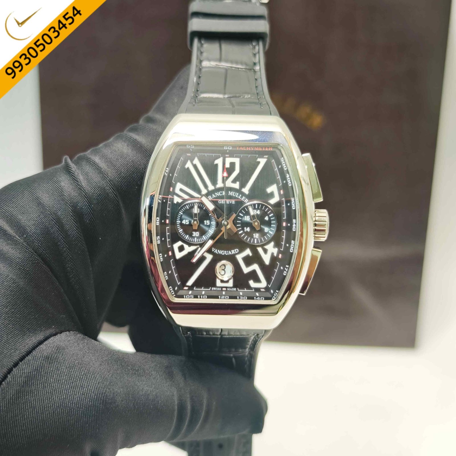 Franck Muller Vanguard Chronograph stainless steel watch featuring a bold black dial, premium black leather strap, precision Swiss movement, and signature tonneau-shaped luxury case.