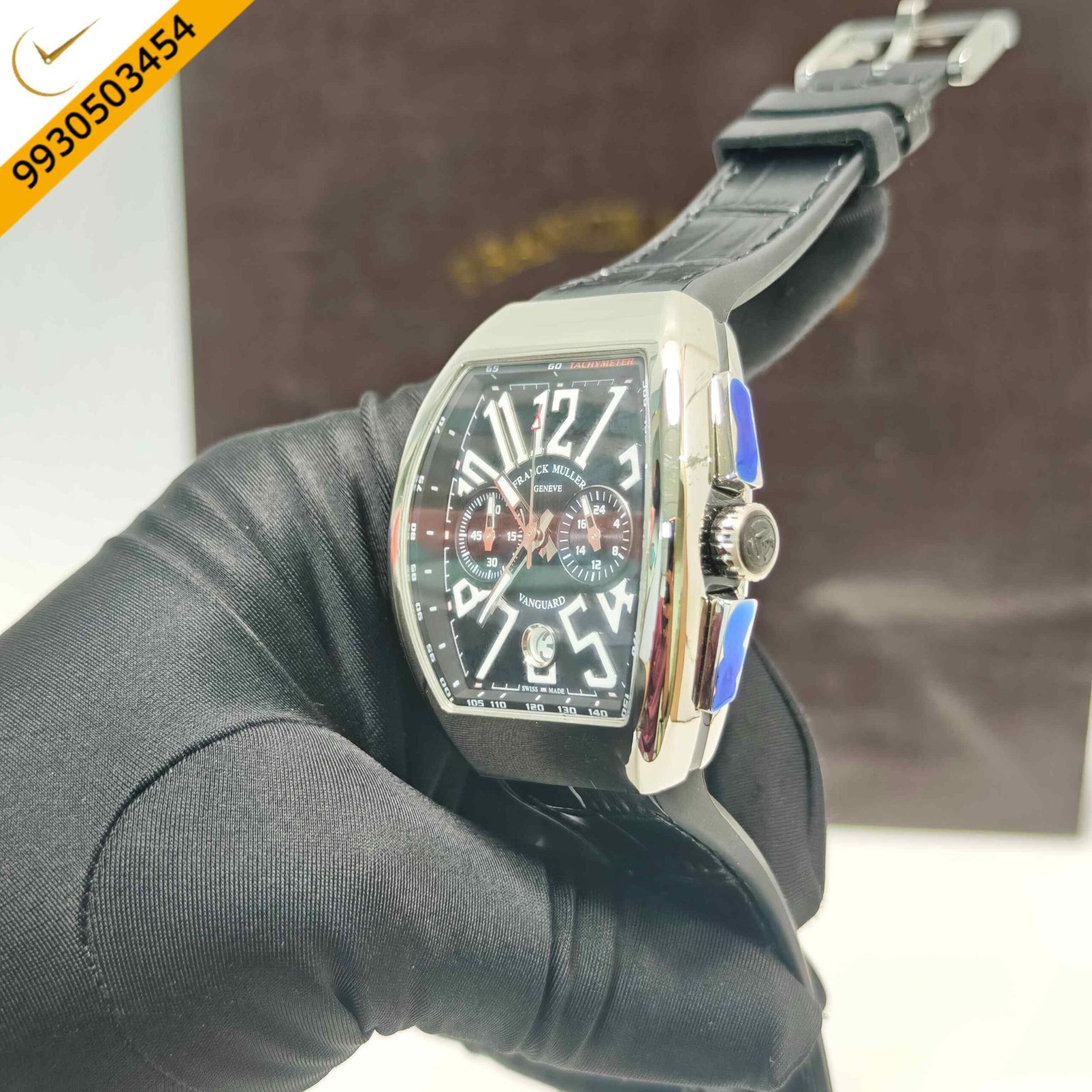 Franck Muller VANGAURD Chronograph Steel Black Dial Black Leather Strap Swiss Watch - Image 2