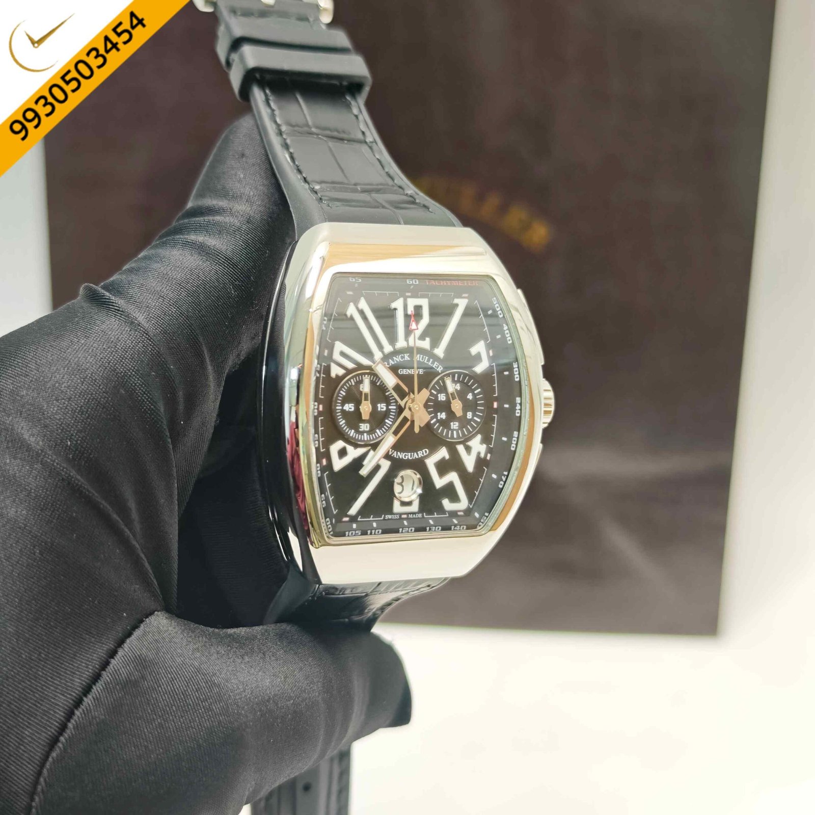 Franck Muller VANGAURD Chronograph Steel Black Dial Black Leather Strap Swiss Watch - Image 3