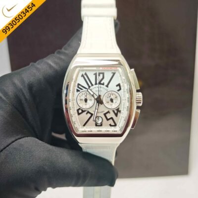 Franck Muller VANGAURD Chronograph Steel White Dial White Leather Strap Swiss Watch