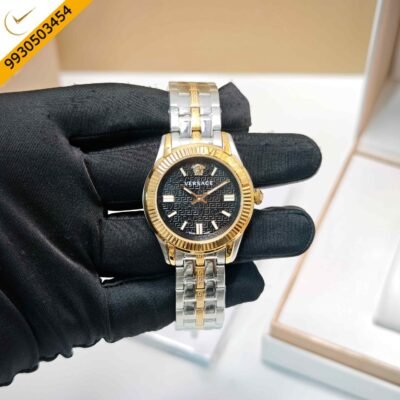 Versace Greca Golden Black Dial Dual Tone Swiss Watch