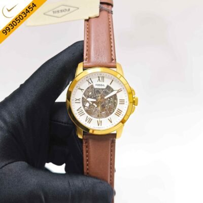 Fossil Grant Skeleton Roman Marker Full Gold White Dial Brown Leather Strap Swiss Automatic Watch