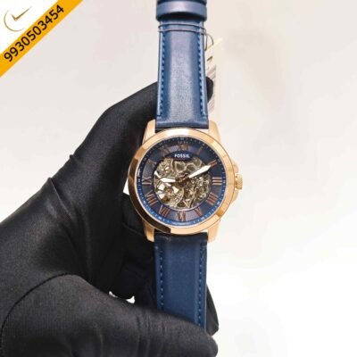 Fossil Grant Skeleton Roman Marker Rose Gold Blue Dial Blue Leather Strap Swiss Automatic Watch