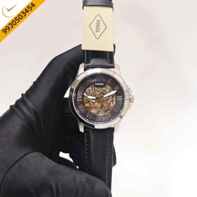 Fossil Grant Skeleton Roman Marker Steel Black Dial Black Leather Strap Swiss Automatic Watch